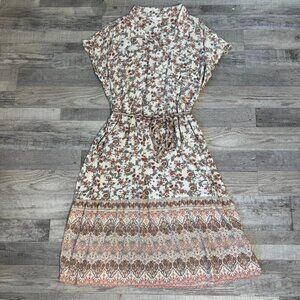 Lucky Brand Ivory Floral Short Sleeve Midi Dress Tie Belt, Pockets A18